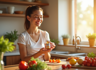 Femme souriante dans la cuisine avec vitamine E et fruits frais