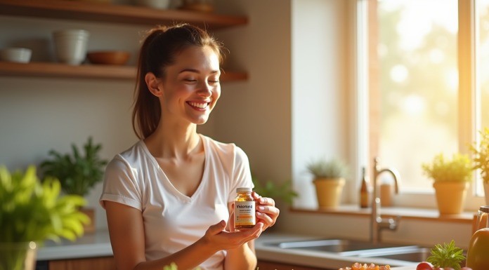 Femme souriante dans la cuisine avec vitamine E et fruits frais
