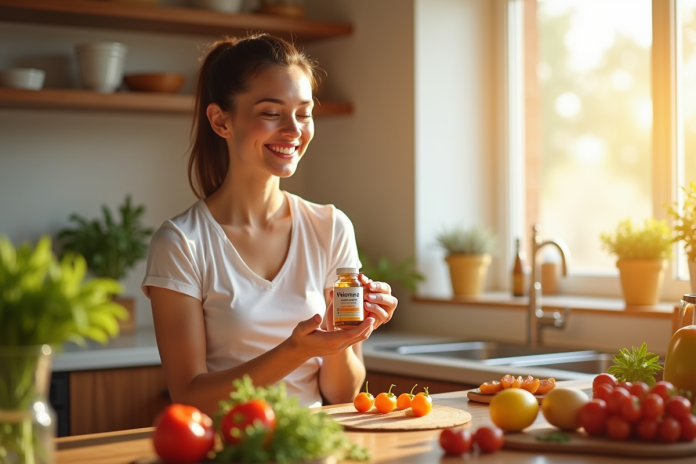 femme-cuisine-vitamine-e Femme souriante dans la cuisine avec vitamine E et fruits frais