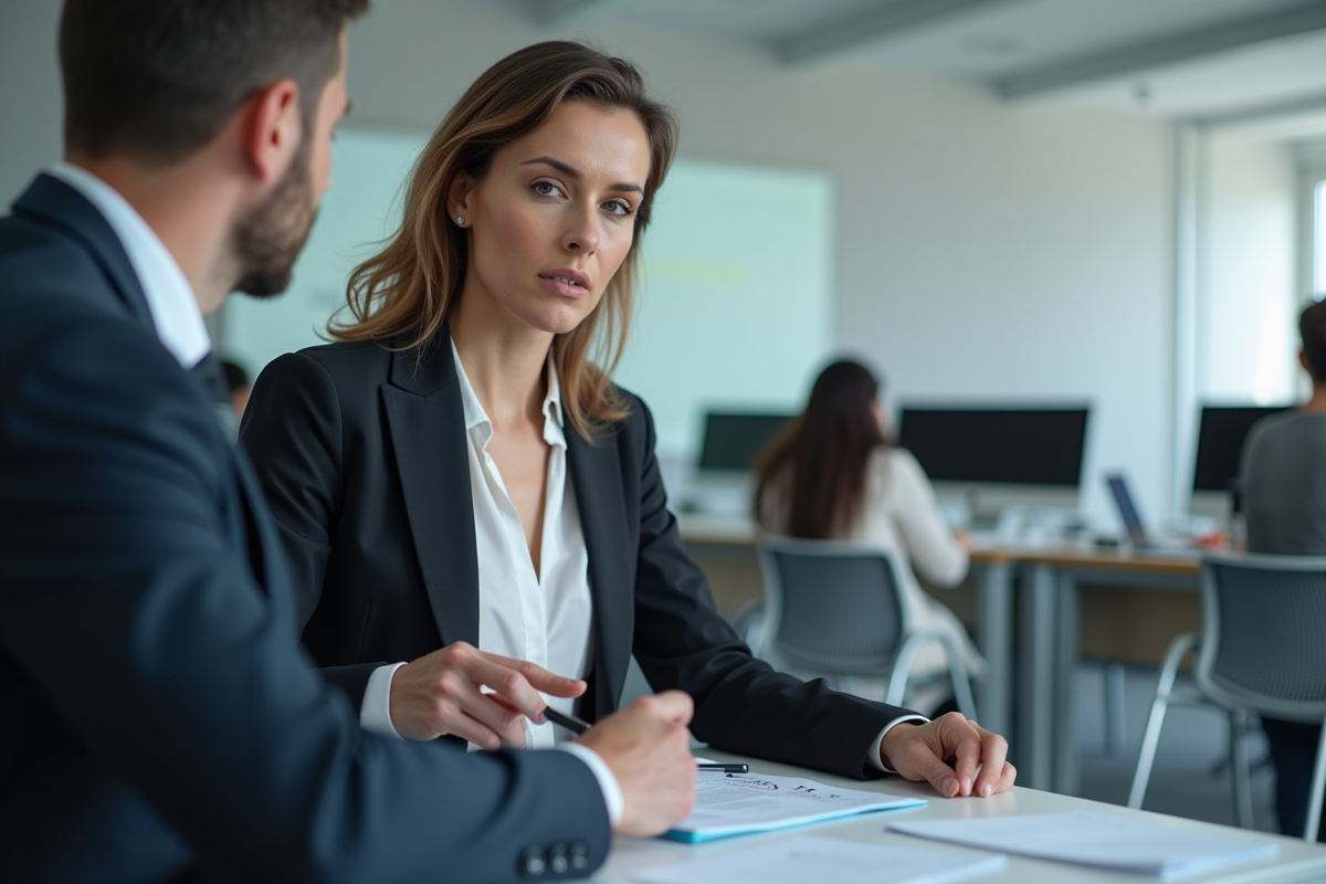Femme professionnelle discutant de cybersécurité en formation