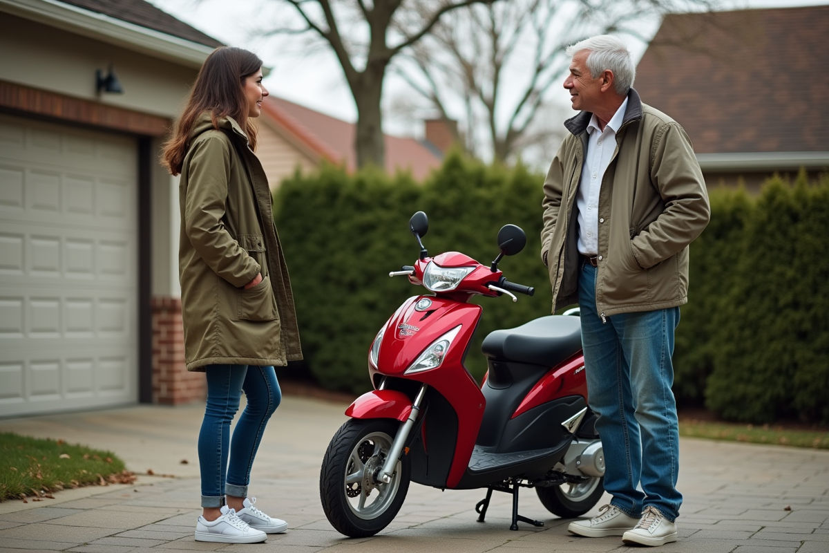 Jeune femme parle avec vendeur près d une moto en jardin résidentiel