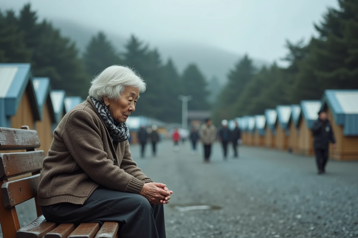 Femme japonaise &acirc;g&eacute;e assise dans un abri temporaire