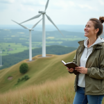 Énergie renouvelable vs Énergie verte : différence et avantages à connaître Femme souriante face à un paysage avec éoliennes et panneaux solaires