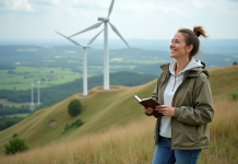 Femme souriante face à un paysage avec éoliennes et panneaux solaires