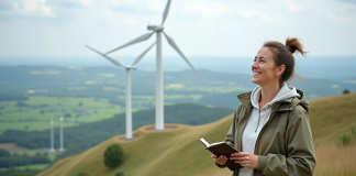 Femme souriante face à un paysage avec éoliennes et panneaux solaires