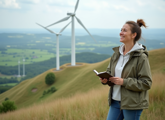 Énergie renouvelable vs Énergie verte : différence et avantages à connaître Femme souriante face à un paysage avec éoliennes et panneaux solaires