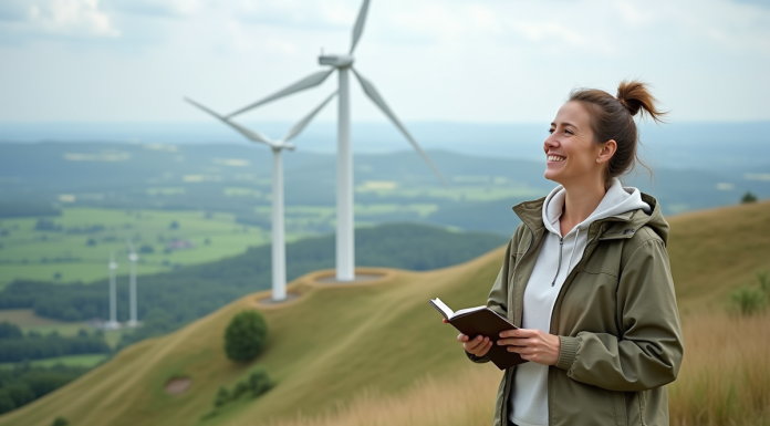 Énergie renouvelable vs Énergie verte : différence et avantages à connaître Femme souriante face à un paysage avec éoliennes et panneaux solaires