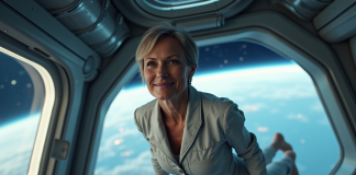 Tourisme spatial : évolution future des voyages spatiaux en 10, 20 ou 50 ans ! Femme dans une station spatiale avec vue sur la Terre