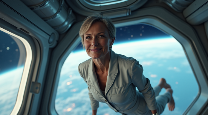 Tourisme spatial : évolution future des voyages spatiaux en 10, 20 ou 50 ans ! Femme dans une station spatiale avec vue sur la Terre