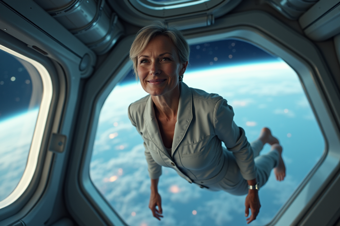 femme-espace-station-lounge Femme dans une station spatiale avec vue sur la Terre