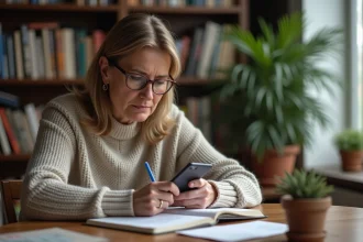 Femme d'âge moyen étudie un carnet et smartphone pour résoudre un anagramme