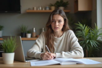 Jeune femme préoccupée par ses finances à la maison