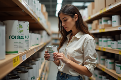 Jeune femme lisant une étiquette de peinture écologique en magasin