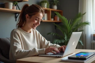 Femme souriante travaillant sur un ordinateur avec jeu coloré