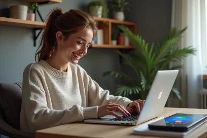 Femme souriante travaillant sur un ordinateur avec jeu coloré