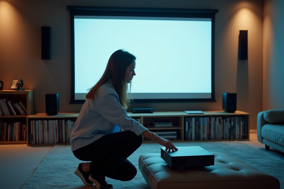Jeune femme ajustant un projecteur dans un home cinéma