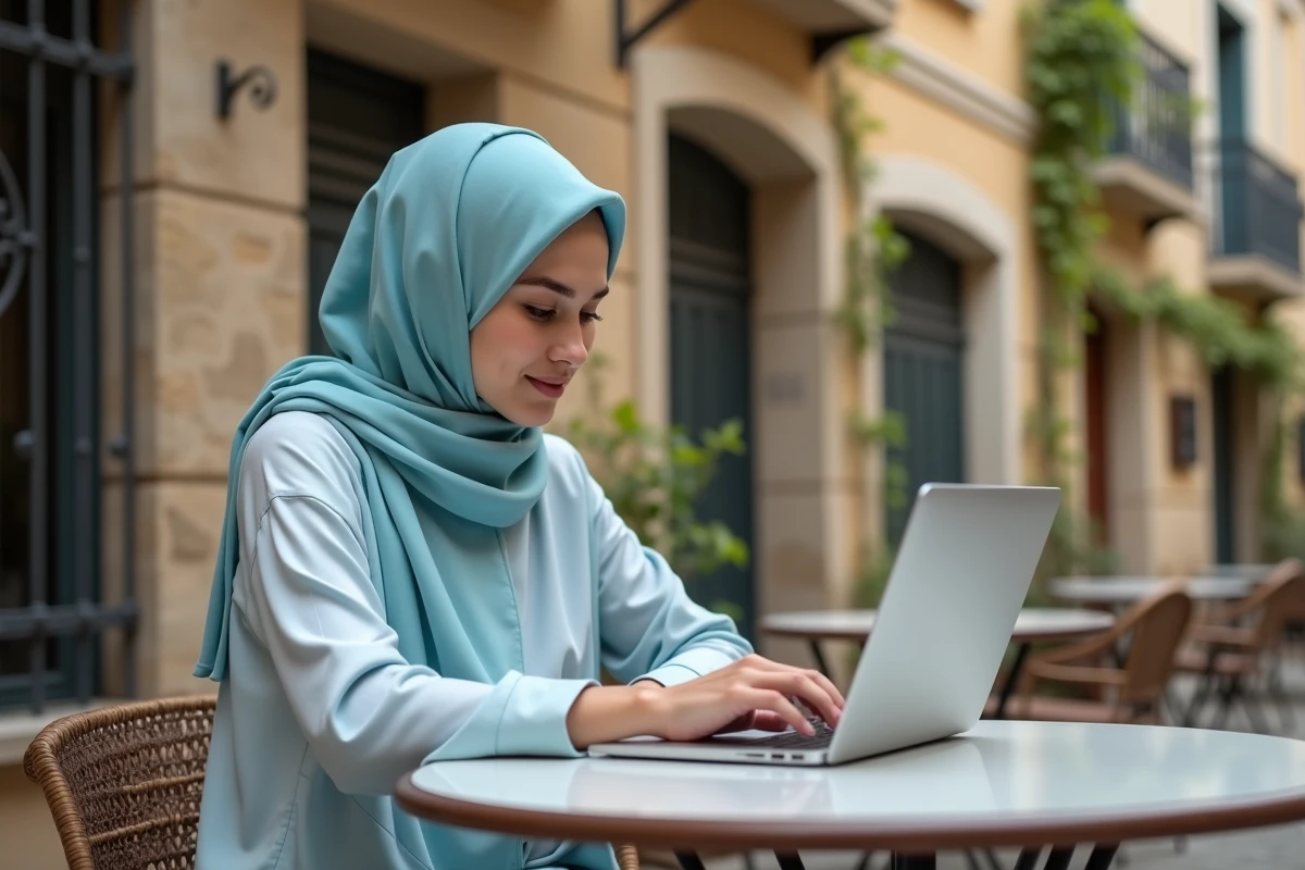 Jeune femme voilée recherchant les horaires de prières à Narbonne sur un ordinateur portable en terrasse
