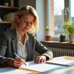 Fiscalité locative : revenus, déclarations et avantages fiscaux à connaître en France Femme d'âge moyen en tenue d'affaires examinant des documents fiscaux dans une cuisine moderne