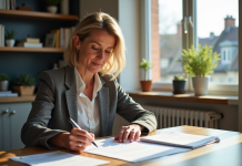 Fiscalité locative : revenus, déclarations et avantages fiscaux à connaître en France Femme d'âge moyen en tenue d'affaires examinant des documents fiscaux dans une cuisine moderne