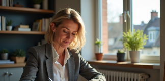 Fiscalité locative : revenus, déclarations et avantages fiscaux à connaître en France Femme d'âge moyen en tenue d'affaires examinant des documents fiscaux dans une cuisine moderne