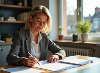 Fiscalité locative : revenus, déclarations et avantages fiscaux à connaître en France Femme d'âge moyen en tenue d'affaires examinant des documents fiscaux dans une cuisine moderne