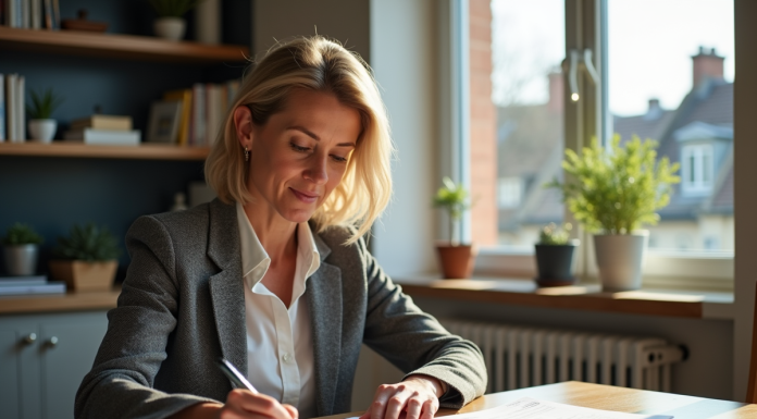 Fiscalité locative : revenus, déclarations et avantages fiscaux à connaître en France Femme d'âge moyen en tenue d'affaires examinant des documents fiscaux dans une cuisine moderne