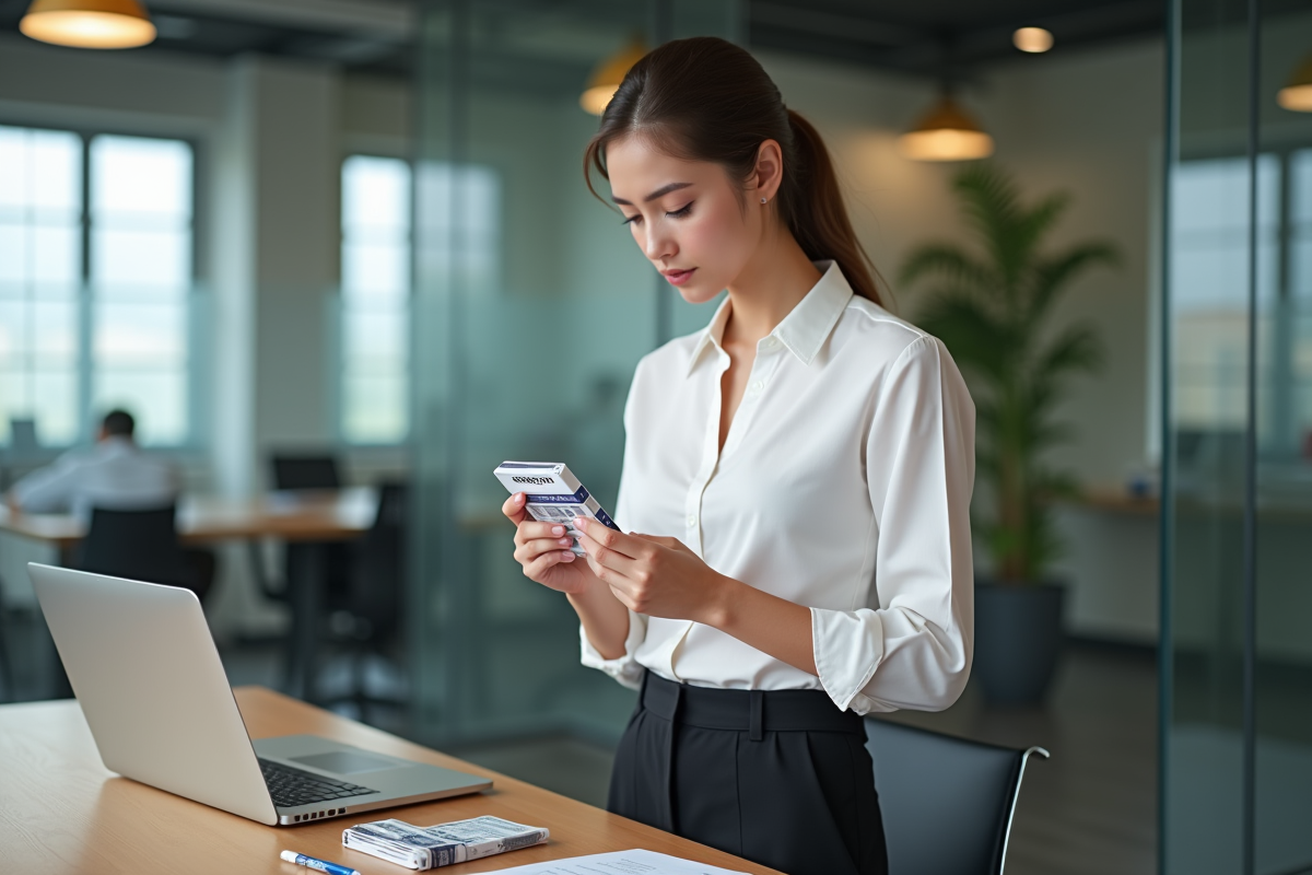 Jeune femme vérifiant une pile Amazon dans un bureau contemporain