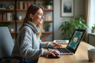 Femme en sweater gris joue au Scrabble en ligne à la maison