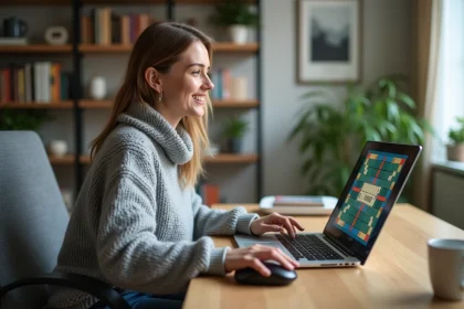 Femme en sweater gris joue au Scrabble en ligne &agrave; la maison