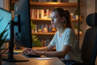 Jeune femme jouant aux Sims 4 sur son ordinateur de bureau dans un bureau cosy à domicile
