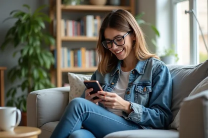 Femme d&eacute;tendue joue &agrave; Candy Crush dans son salon lumineux