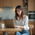 Jeune femme utilisant un calculateur de pret en cuisine moderne