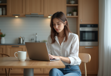 Jeune femme utilisant un calculateur de pret en cuisine moderne