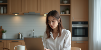 Comment calculer sa capacité d’emprunt efficacement : astuces et outils en ligne Jeune femme utilisant un calculateur de pret en cuisine moderne