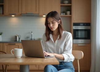 Jeune femme utilisant un calculateur de pret en cuisine moderne