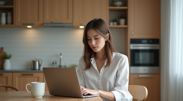 Jeune femme utilisant un calculateur de pret en cuisine moderne