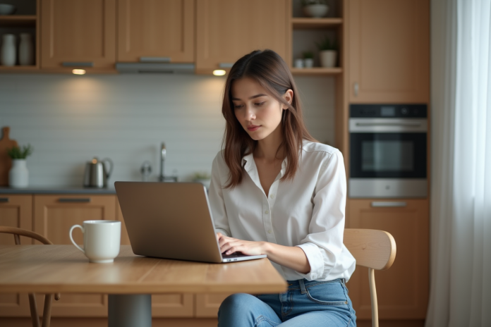 Jeune femme utilisant un calculateur de pret en cuisine moderne
