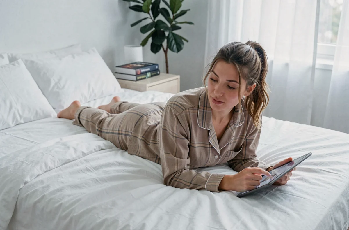 Femme lisant un manga de fantasy sur tablette dans sa chambre, évoquant la lecture en ligne de webtoons et light novels en 2026