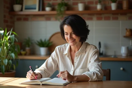 Femme lisant un livre dans une cuisine chaleureuse