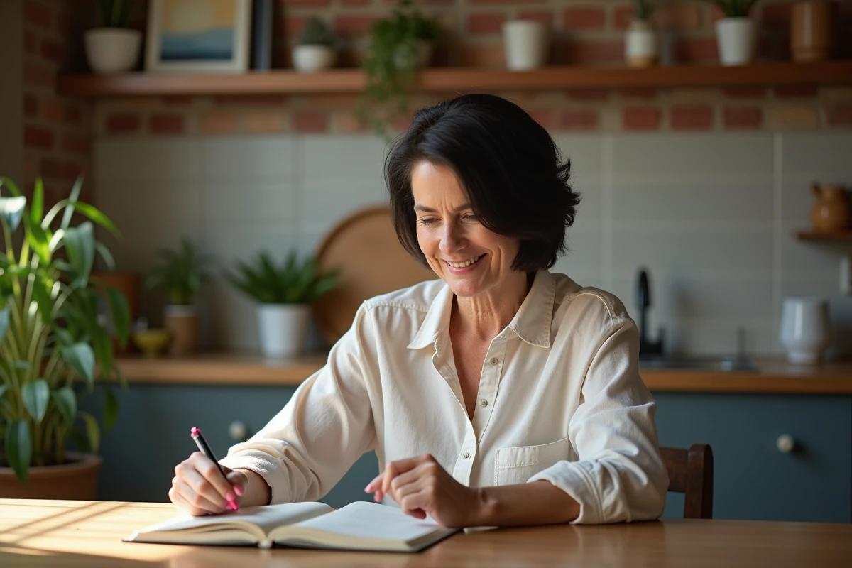 Femme lisant un livre dans une cuisine chaleureuse