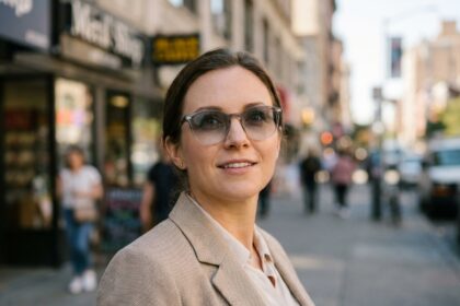 Femme portant des lunettes à teinte réglable en milieu urbain, lentilles photochromiques s'assombrissant au soleil