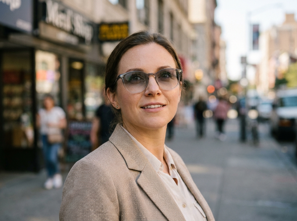 Femme portant des lunettes à teinte réglable en milieu urbain, lentilles photochromiques s'assombrissant au soleil