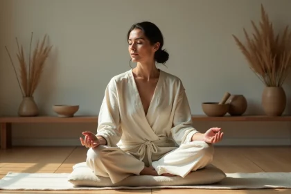 Femme méditant en silence sur un coussin de méditation en lin, répétant un mantra dans un espace minimaliste aux tons naturels