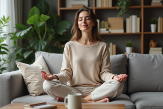 Femme méditant dans un salon moderne et calme