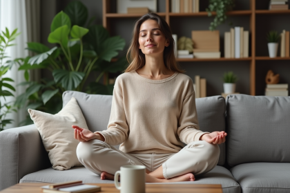 Femme méditant dans un salon moderne et calme