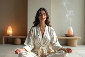 Femme en méditation profonde dans un espace zen évoquant la connexion à Shamballa