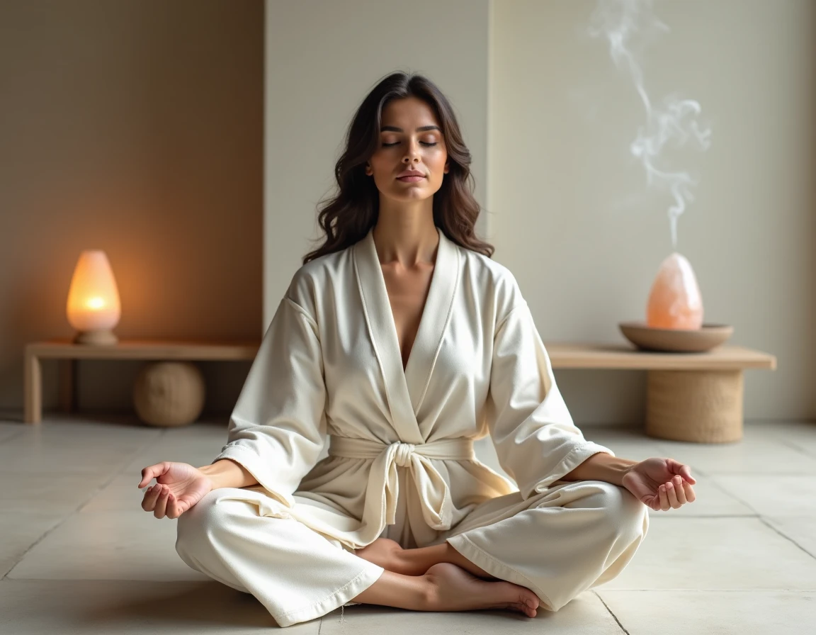 Femme en méditation profonde dans un espace zen évoquant la connexion à Shamballa