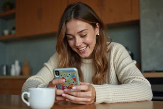Femme jouant à Monopoly GO sur smartphone avec des dés gratuits en 2026