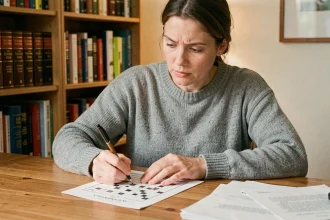 Femme concentrée résolvant une grille de mots croisés 9 lettres sur papier à son bureau à domicile