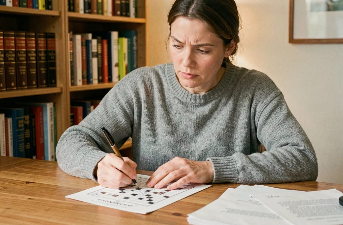 Femme concentrée résolvant une grille de mots croisés 9 lettres sur papier à son bureau à domicile